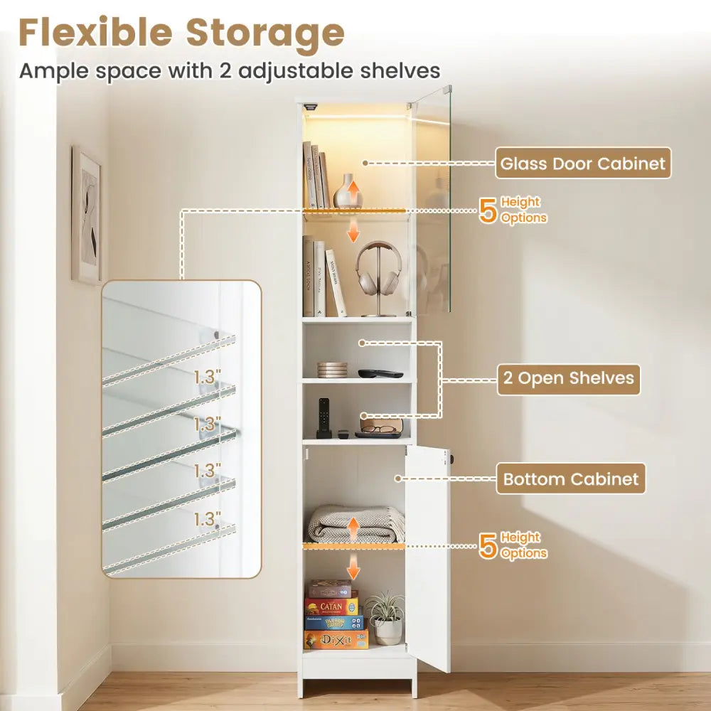 Tall Bathroom Storage Cabinet with LED Lights and Adjustable Shelves-White - White - Floor Cabinets