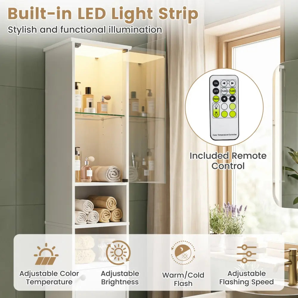 Tall Bathroom Storage Cabinet with LED Lights and Adjustable Shelves-White - White - Floor Cabinets