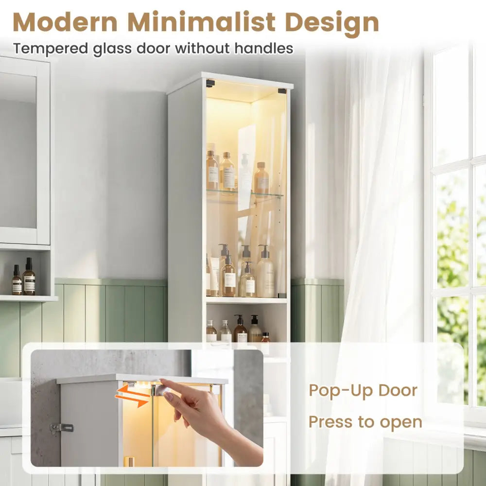 Tall Bathroom Storage Cabinet with LED Lights and Adjustable Shelves-White - White - Floor Cabinets