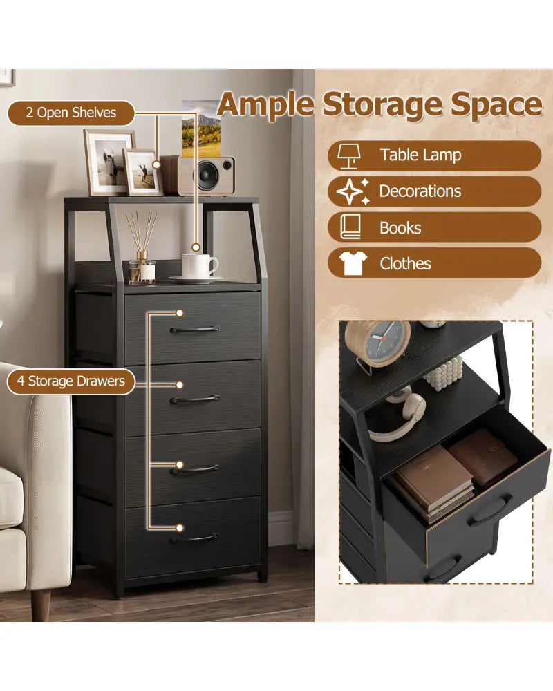 Tall Dresser with 4 Fabric Drawers and Metal Frame for Bedroom-Black - Black - Dressers & Chests