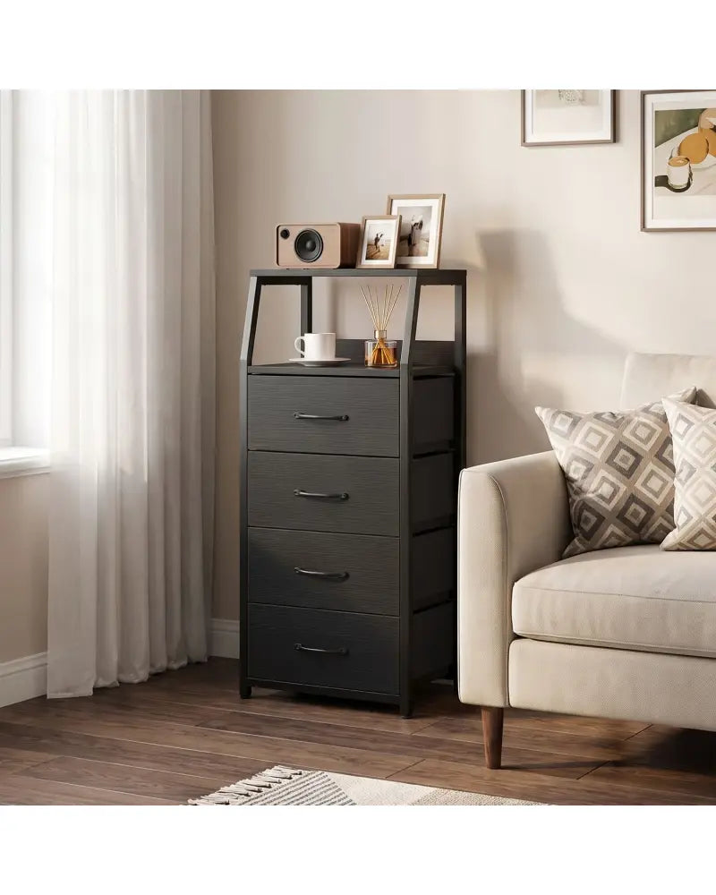 Tall Dresser with 4 Fabric Drawers and Metal Frame for Bedroom-Black - Black - Dressers & Chests