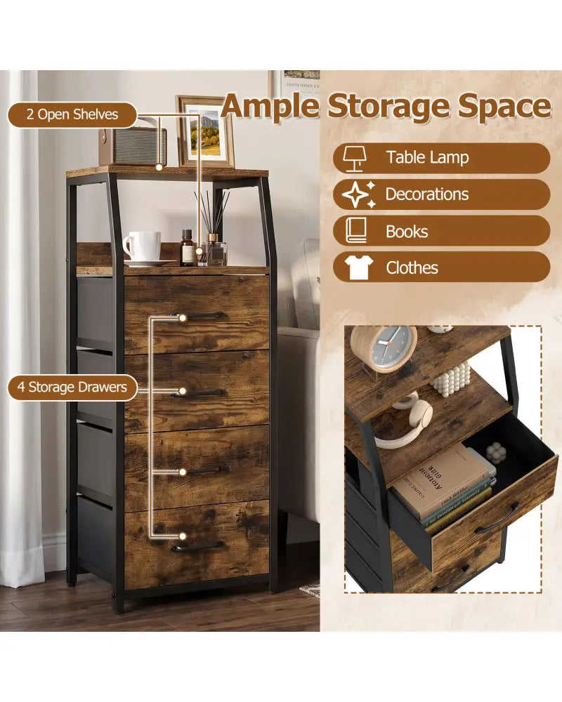 Tall Dresser with 4 Fabric Drawers and Metal Frame for Bedroom-Rustic Brown - Rustic Brown - Dressers & Chests