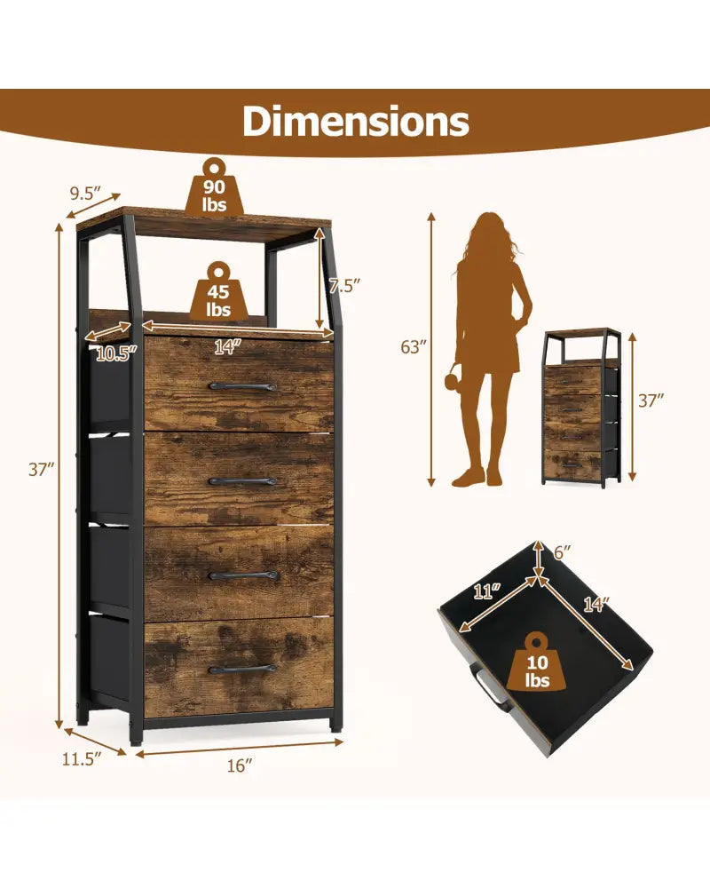 Tall Dresser with 4 Fabric Drawers and Metal Frame for Bedroom-Rustic Brown - Rustic Brown - Dressers & Chests