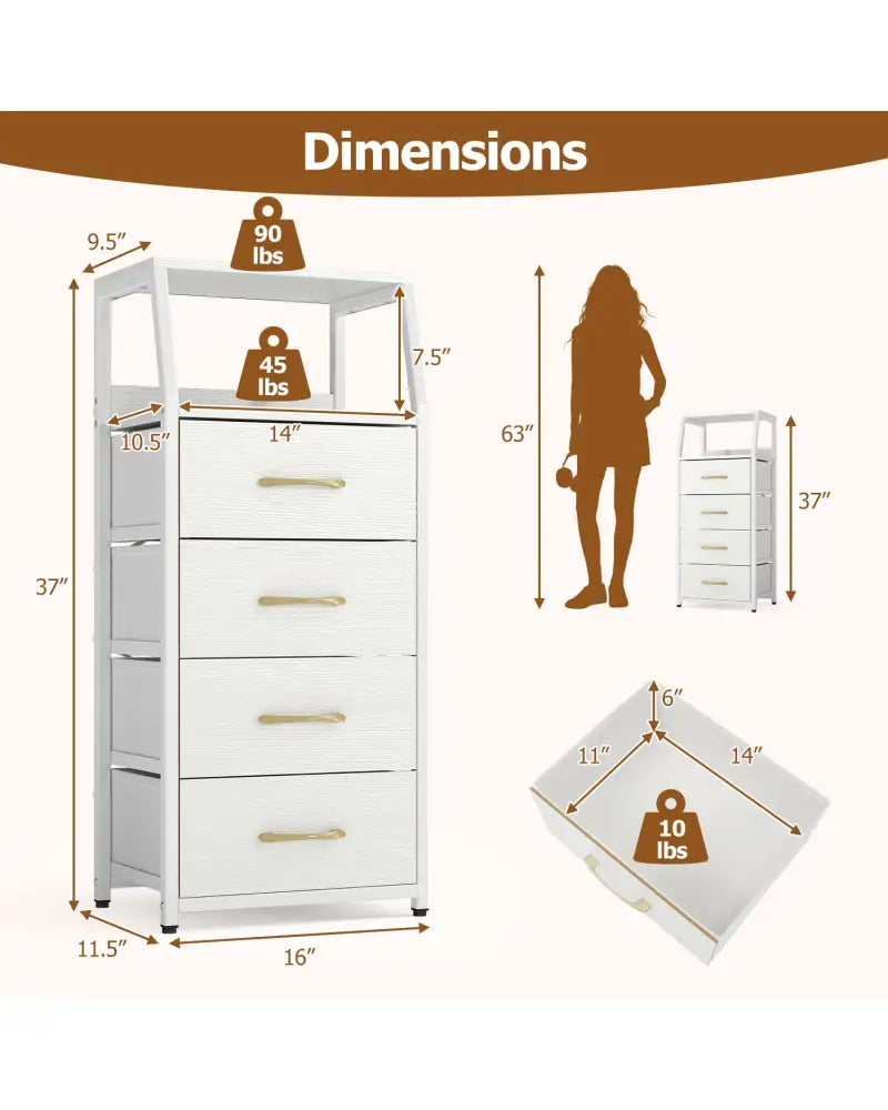 Tall Dresser with 4 Fabric Drawers and Metal Frame for Bedroom-White - White - Dressers & Chests