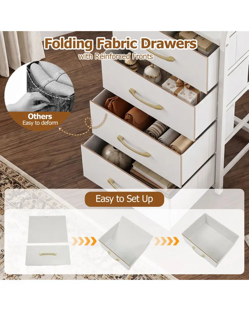 Tall Dresser with 4 Fabric Drawers and Metal Frame for Bedroom-White - White - Dressers & Chests
