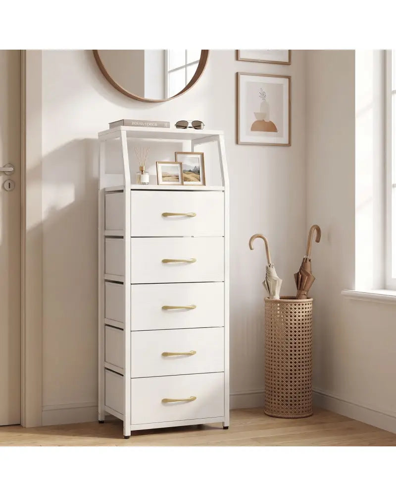 Tall Dresser with 5 Fabric Drawers for Bedroom 7-Tier Nightstand Chest of Drawers-White - White - Dressers & Chests
