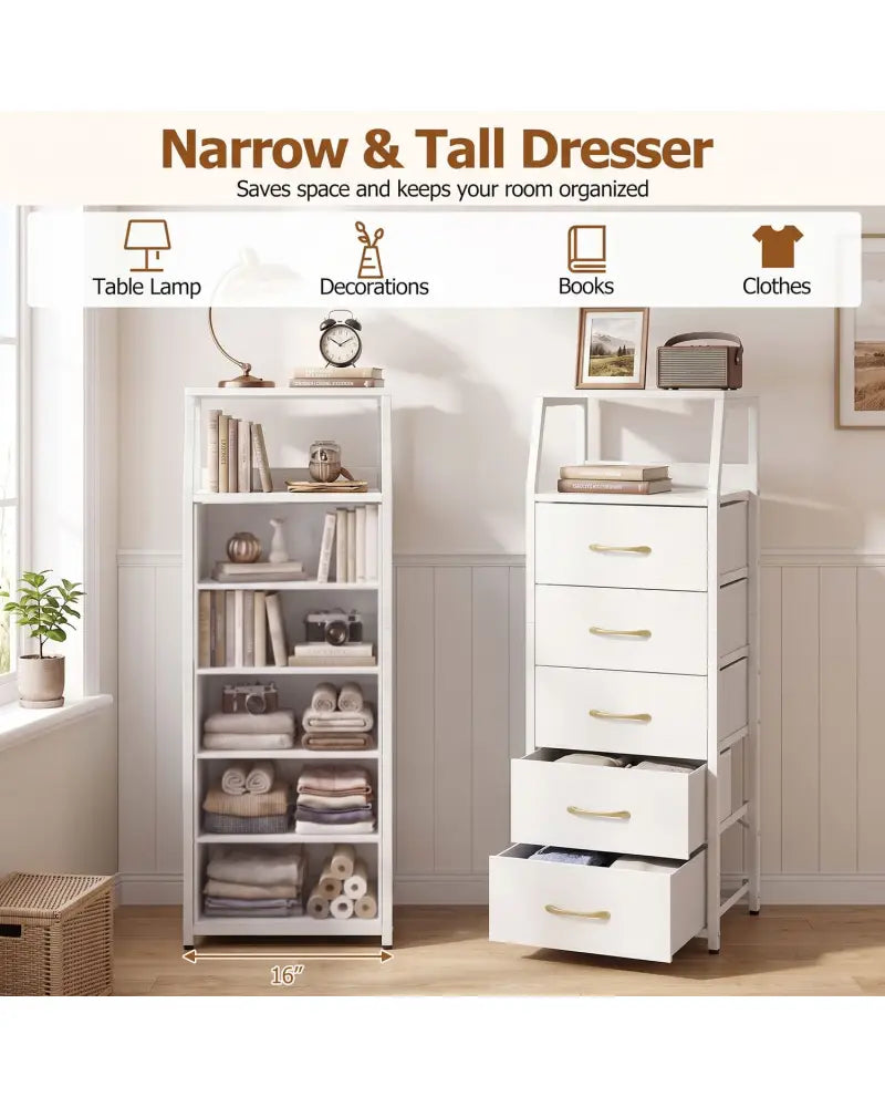 Tall Dresser with 5 Fabric Drawers for Bedroom 7-Tier Nightstand Chest of Drawers-White - White - Dressers & Chests