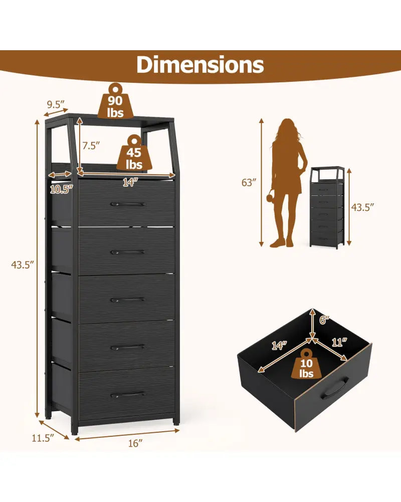 Tall Dresser with 5 Fabric Drawers for Bedroom 7-Tier Nightstand Chest of Drawers-Black - Black - Dressers & Chests