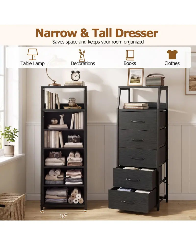 Tall Dresser with 5 Fabric Drawers for Bedroom 7-Tier Nightstand Chest of Drawers-Black - Black - Dressers & Chests
