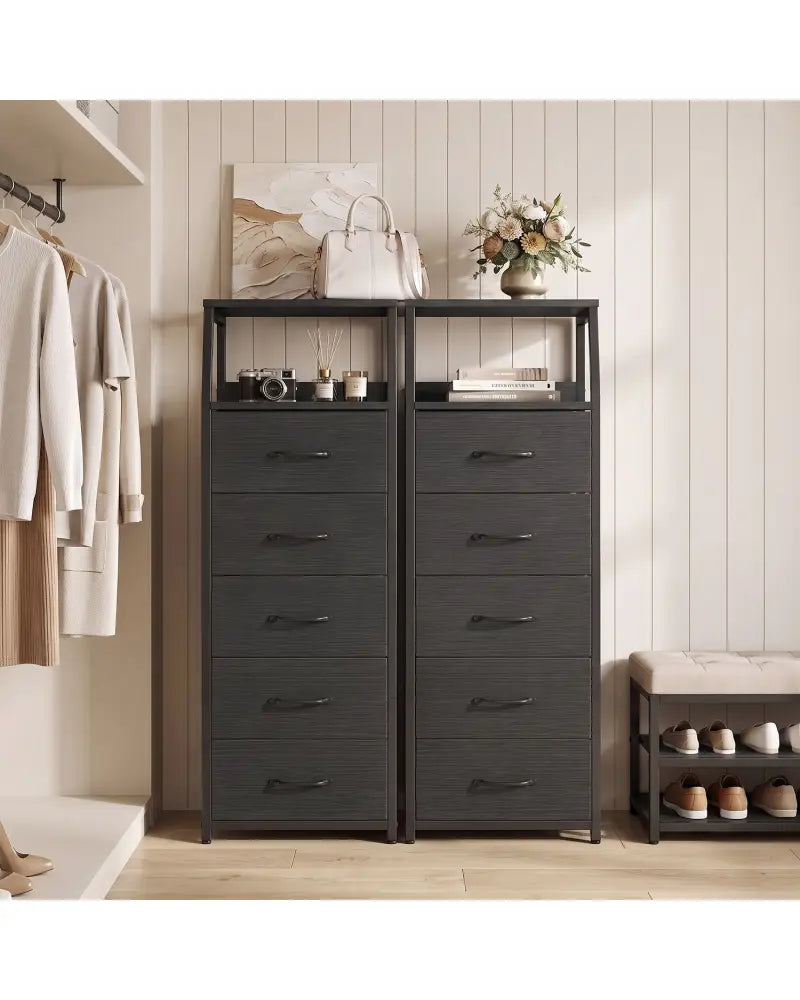 Tall Dresser with 5 Fabric Drawers for Bedroom 7-Tier Nightstand Chest of Drawers-Black - Black - Dressers & Chests