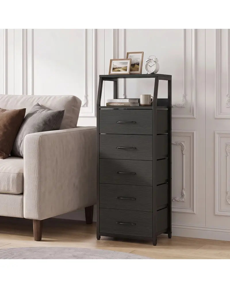 Tall Dresser with 5 Fabric Drawers for Bedroom 7-Tier Nightstand Chest of Drawers-Black - Black - Dressers & Chests