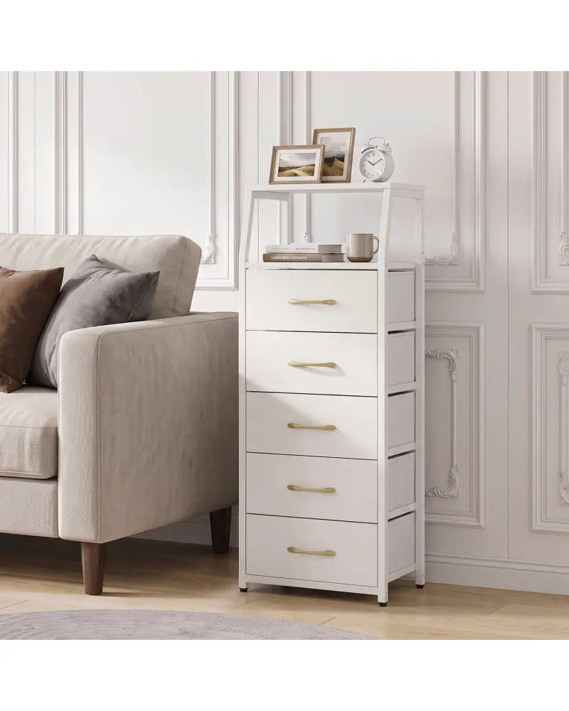 Tall Dresser with 5 Fabric Drawers for Bedroom 7-Tier Nightstand Chest of Drawers-White - White - Dressers & Chests