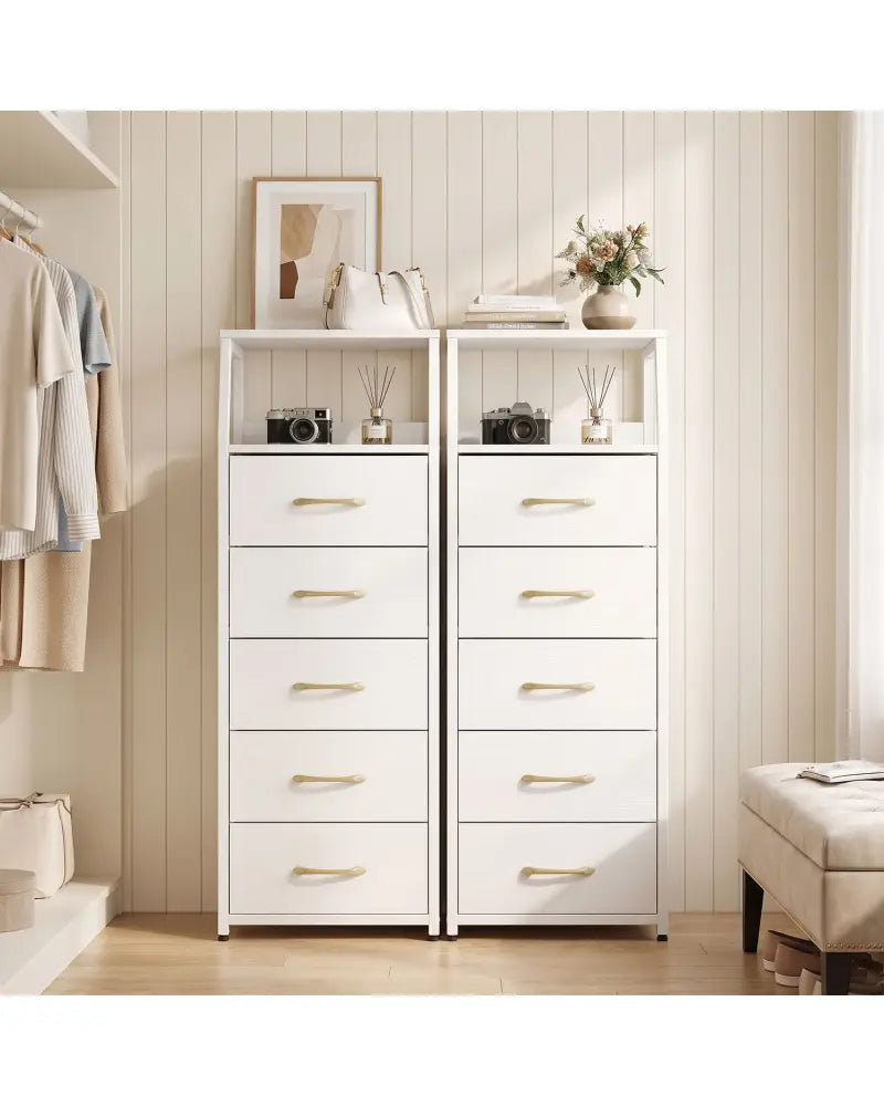 Tall Dresser with 5 Fabric Drawers for Bedroom 7-Tier Nightstand Chest of Drawers-White - White - Dressers & Chests
