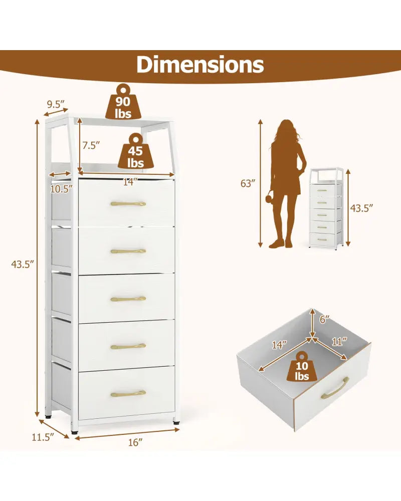 Tall Dresser with 5 Fabric Drawers for Bedroom 7-Tier Nightstand Chest of Drawers-White - White - Dressers & Chests
