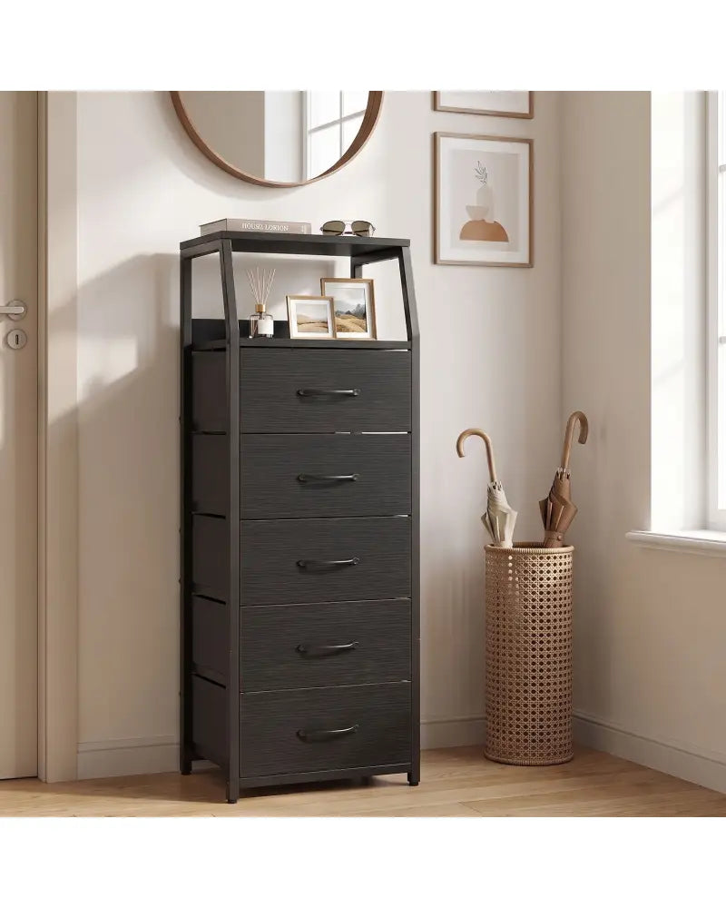 Tall Dresser with 5 Fabric Drawers for Bedroom 7-Tier Nightstand Chest of Drawers-Black - Black - Dressers & Chests