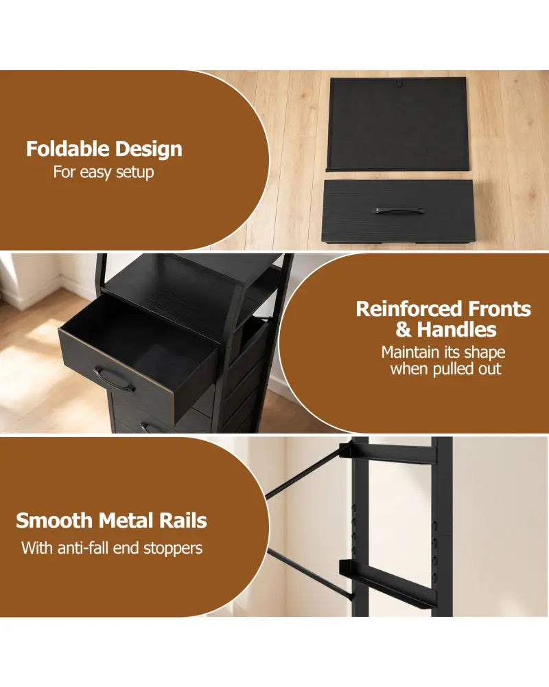 Tall Dresser with 5 Fabric Drawers for Bedroom 7-Tier Nightstand Chest of Drawers-Black - Black - Dressers & Chests