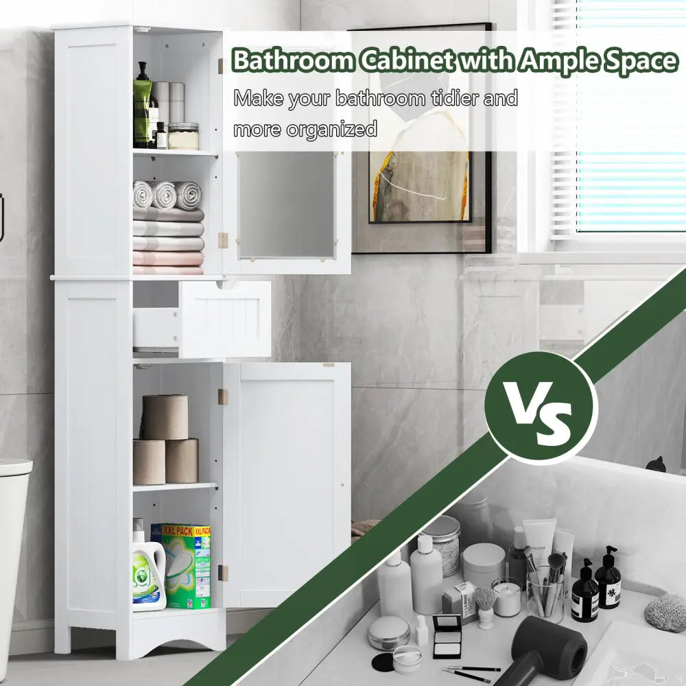 Tall Floor Storage Cabinet with 2 Doors and 1 Drawer for Bathroom-White - White - Floor Cabinets