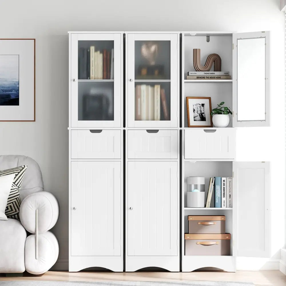 Tall Floor Storage Cabinet with 2 Doors and 1 Drawer for Bathroom-White - White - Floor Cabinets