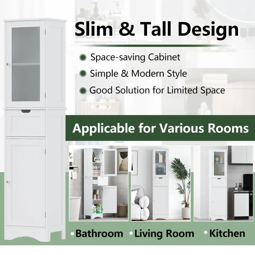 Tall Floor Storage Cabinet with 2 Doors and 1 Drawer for Bathroom-White - White - Floor Cabinets