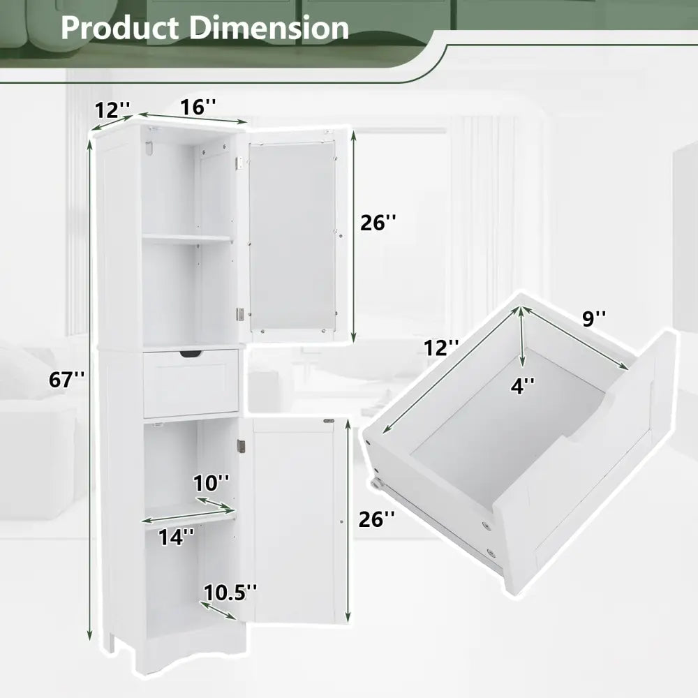 Tall Floor Storage Cabinet with 2 Doors and 1 Drawer for Bathroom-White - White - Floor Cabinets