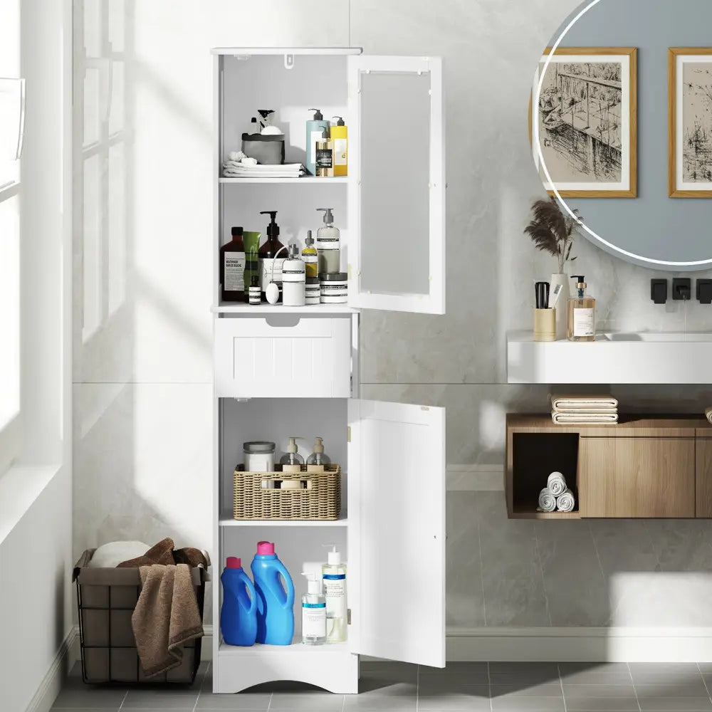 Tall Floor Storage Cabinet with 2 Doors and 1 Drawer for Bathroom-White - White - Floor Cabinets