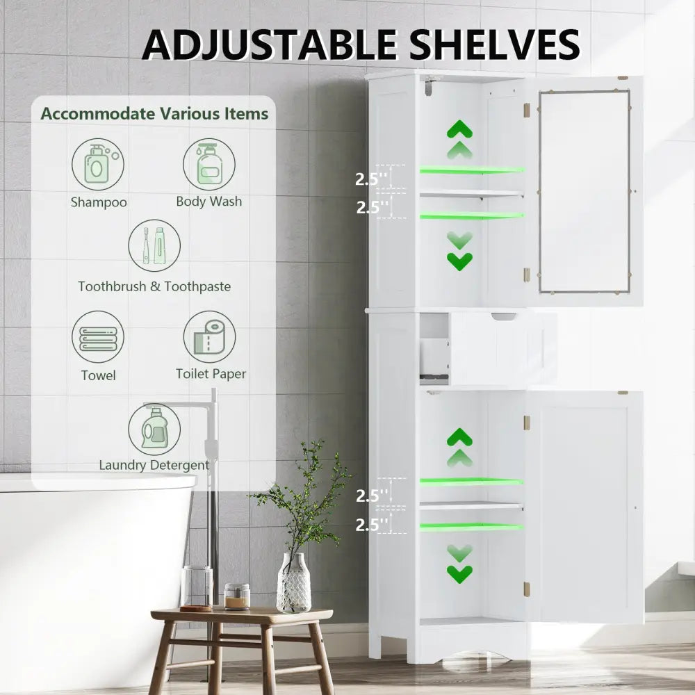 Tall Floor Storage Cabinet with 2 Doors and 1 Drawer for Bathroom-White - White - Floor Cabinets