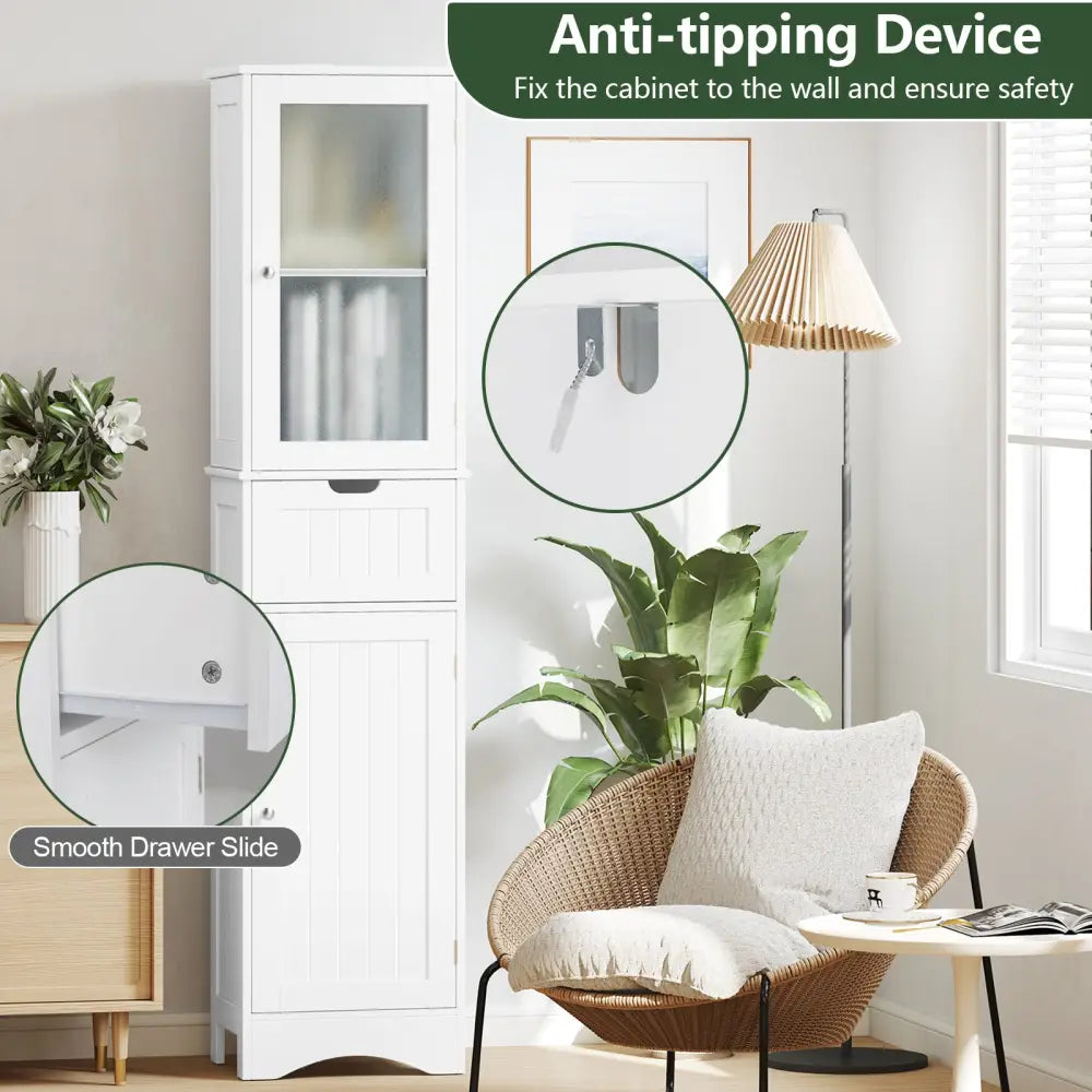 Tall Floor Storage Cabinet with 2 Doors and 1 Drawer for Bathroom-White - White - Floor Cabinets