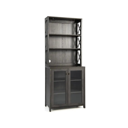 Tall Freestanding Bar Cabinet Buffet with Glass Holder and Adjustable Shelf-Gray - Gray - Sideboards Cabinets & Buffets