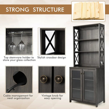 Tall Freestanding Bar Cabinet Buffet with Glass Holder and Adjustable Shelf-Gray - Gray - Sideboards Cabinets & Buffets