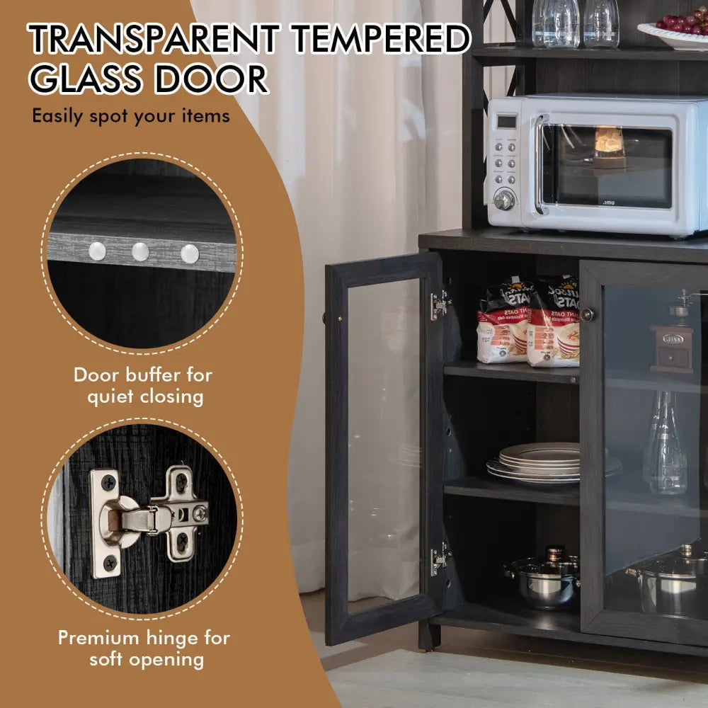 Tall Freestanding Bar Cabinet Buffet with Glass Holder and Adjustable Shelf-Gray - Gray - Sideboards Cabinets & Buffets