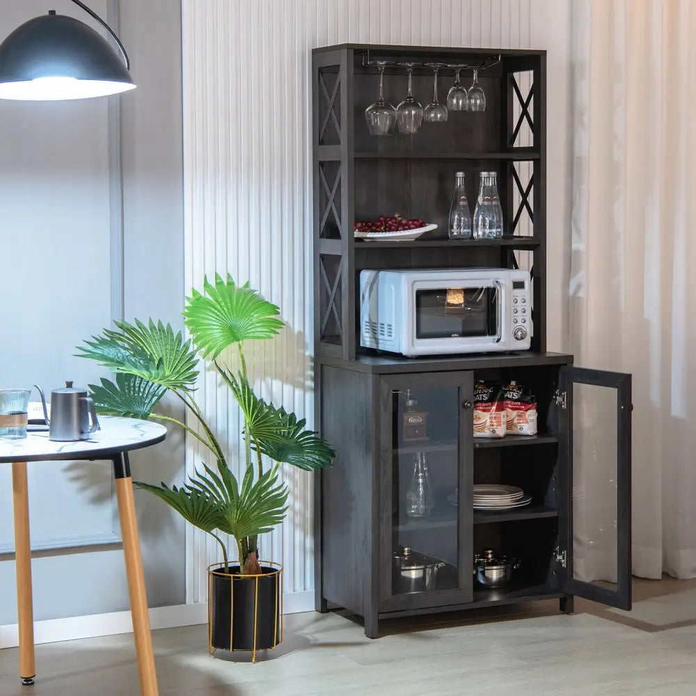 Tall Freestanding Bar Cabinet Buffet with Glass Holder and Adjustable Shelf-Gray - Gray - Sideboards Cabinets & Buffets