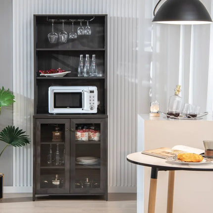 Tall Freestanding Bar Cabinet Buffet with Glass Holder and Adjustable Shelf-Gray - Gray - Sideboards Cabinets & Buffets