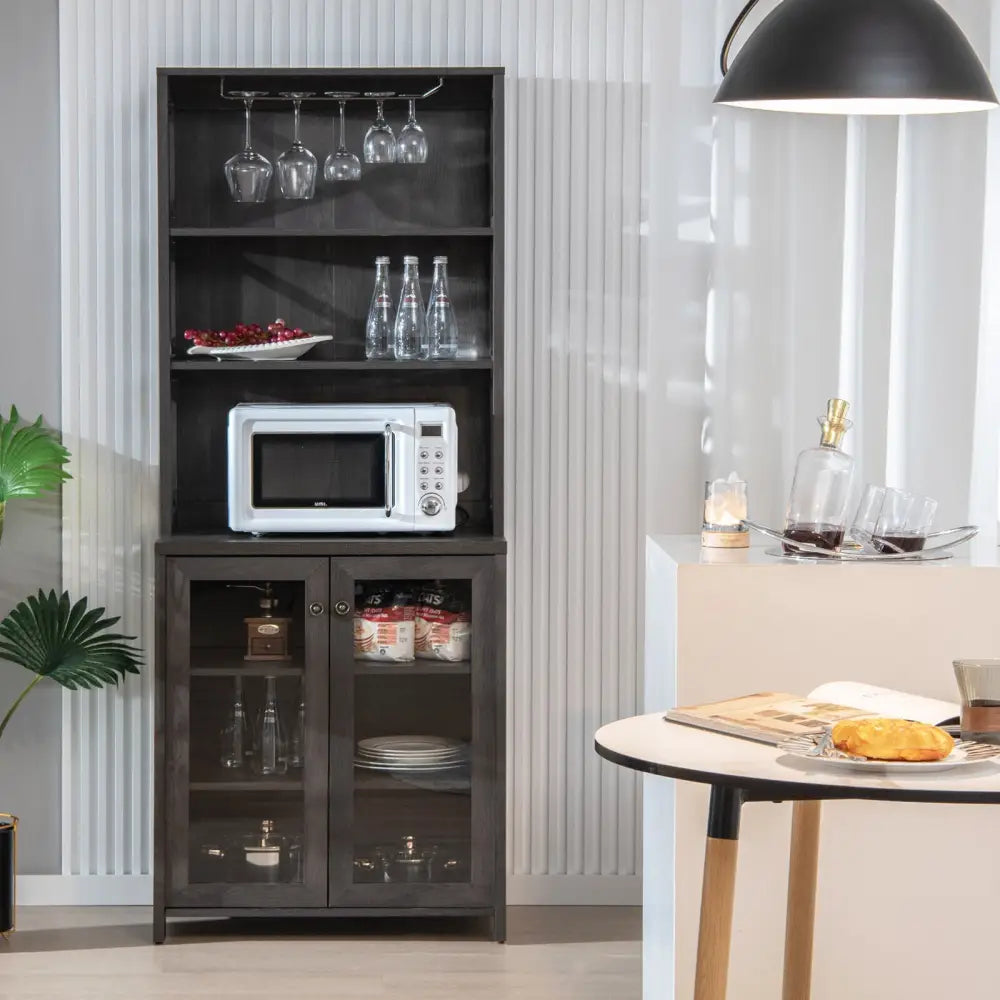 Tall Freestanding Bar Cabinet Buffet with Glass Holder and Adjustable Shelf-Gray - Gray - Sideboards Cabinets & Buffets