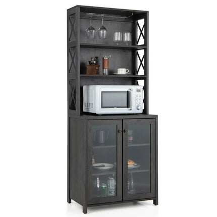 Tall Freestanding Bar Cabinet Buffet with Glass Holder and Adjustable Shelf-Gray - Gray - Sideboards Cabinets & Buffets
