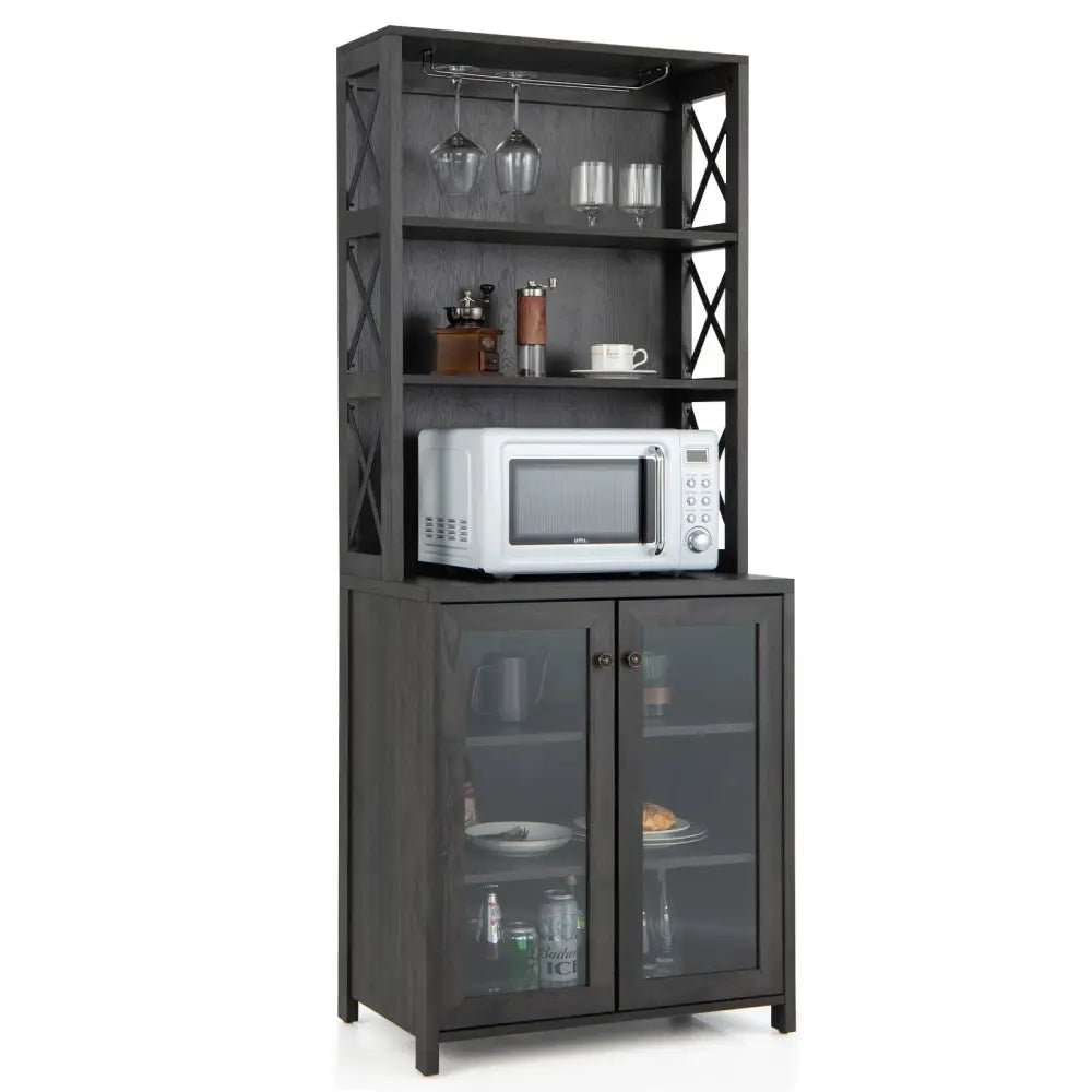 Tall Freestanding Bar Cabinet Buffet with Glass Holder and Adjustable Shelf-Gray - Gray - Sideboards Cabinets & Buffets