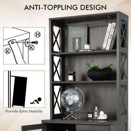 Tall Freestanding Bar Cabinet Buffet with Glass Holder and Adjustable Shelf-Gray - Gray - Sideboards Cabinets & Buffets