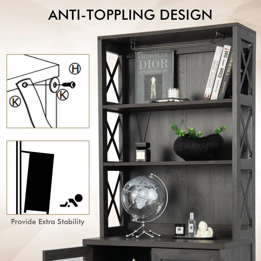 Tall Freestanding Bar Cabinet Buffet with Glass Holder and Adjustable Shelf-Gray - Gray - Sideboards Cabinets & Buffets
