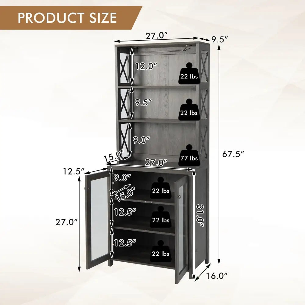 Tall Freestanding Bar Cabinet Buffet with Glass Holder and Adjustable Shelf-Gray - Gray - Sideboards Cabinets & Buffets
