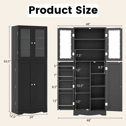 Tall Kitchen Pantry Cabinet with Dual Tempered Glass Doors and Shelves-Black - Black - Sideboards Cabinets & Buffets