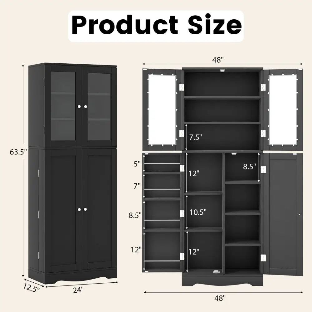 Tall Kitchen Pantry Cabinet with Dual Tempered Glass Doors and Shelves-Black - Black - Sideboards Cabinets & Buffets
