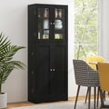 Tall Kitchen Pantry Cabinet with Dual Tempered Glass Doors and Shelves-Black - Black - Sideboards Cabinets & Buffets