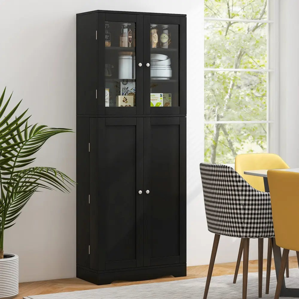 Tall Kitchen Pantry Cabinet with Dual Tempered Glass Doors and Shelves-Black - Black - Sideboards Cabinets & Buffets