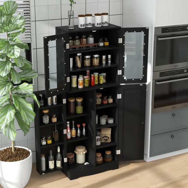 Tall Kitchen Pantry Cabinet with Dual Tempered Glass Doors and Shelves-Black - Black - Sideboards Cabinets & Buffets