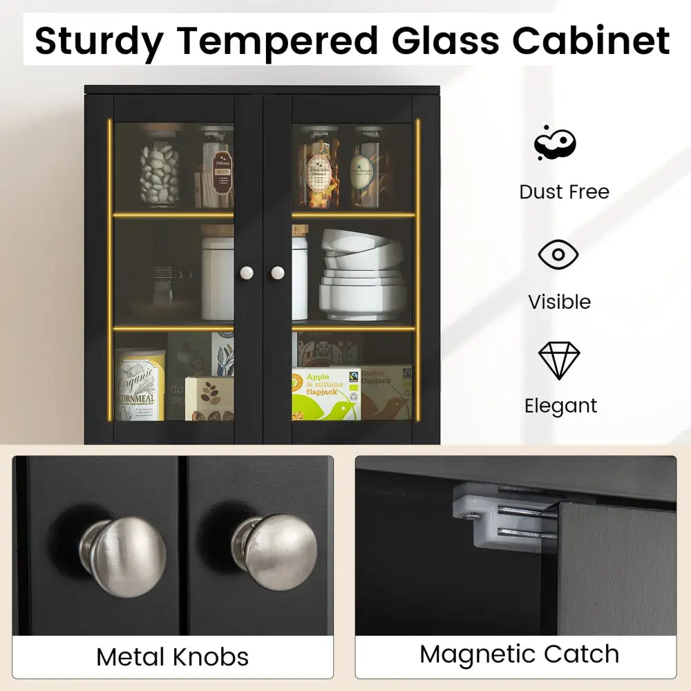 Tall Kitchen Pantry Cabinet with Dual Tempered Glass Doors and Shelves-Black - Black - Sideboards Cabinets & Buffets