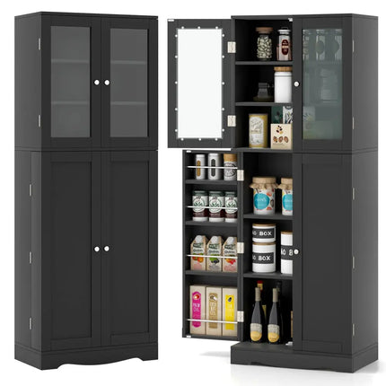 Tall Kitchen Pantry Cabinet with Dual Tempered Glass Doors and Shelves-Black - Black - Sideboards Cabinets & Buffets