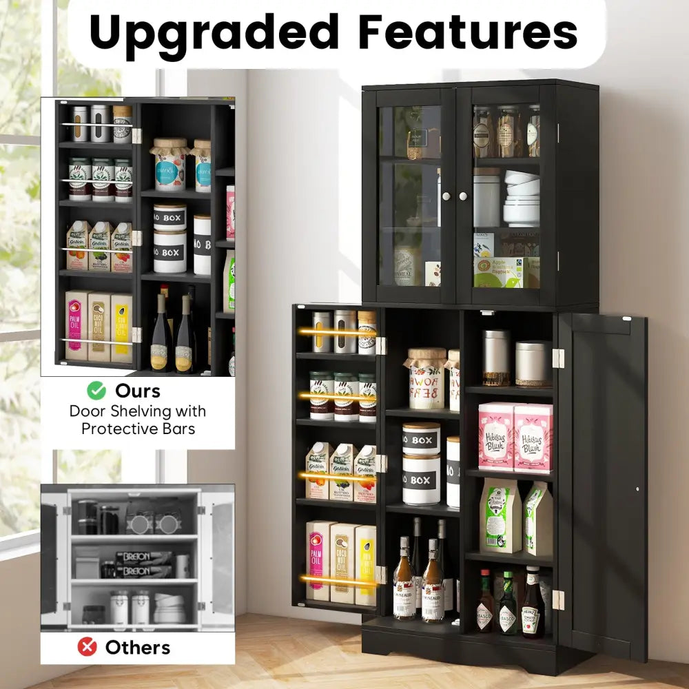 Tall Kitchen Pantry Cabinet with Dual Tempered Glass Doors and Shelves-Black - Black - Sideboards Cabinets & Buffets