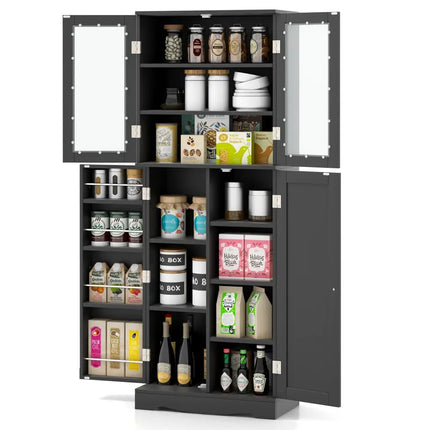 Tall Kitchen Pantry Cabinet with Dual Tempered Glass Doors and Shelves-Black - Black - Sideboards Cabinets & Buffets