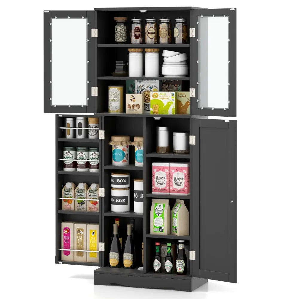 Tall Kitchen Pantry Cabinet with Dual Tempered Glass Doors and Shelves-Black - Black - Sideboards Cabinets & Buffets