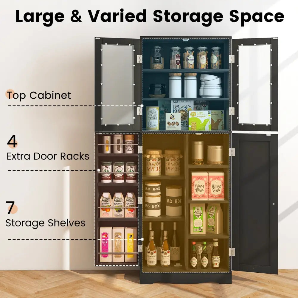 Tall Kitchen Pantry Cabinet with Dual Tempered Glass Doors and Shelves-Black - Black - Sideboards Cabinets & Buffets