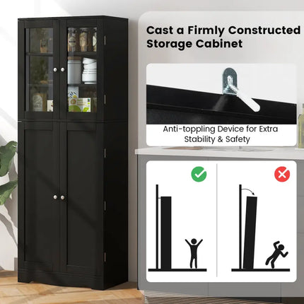 Tall Kitchen Pantry Cabinet with Dual Tempered Glass Doors and Shelves-Black - Black - Sideboards Cabinets & Buffets